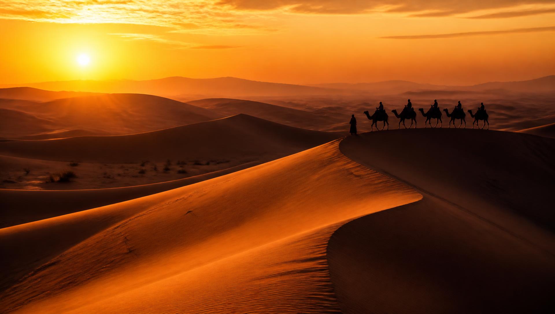 Golden Sahara dunes at sunset