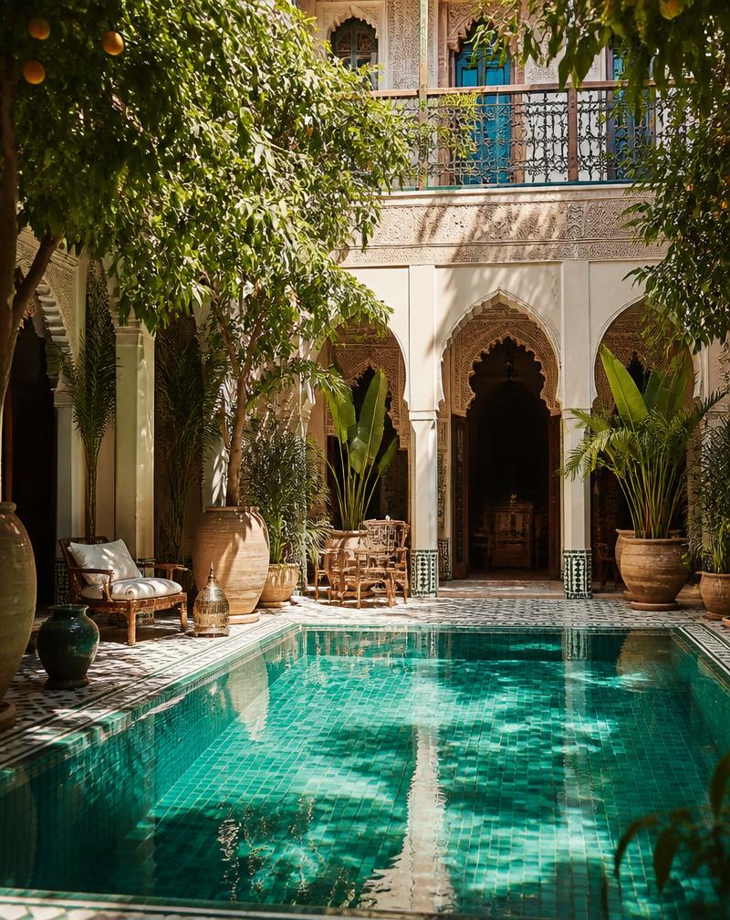 Tiled riad courtyard with a still pool